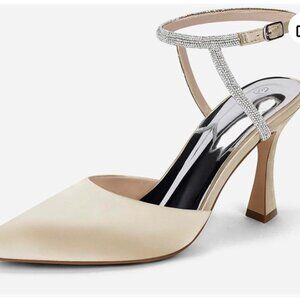 Coutgo Women Rhinestone Heels Kitten High Satin Pumps Pointed Toe Sparkly